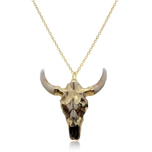 Bull Head Skull Pendant Necklace for Men Women Vintage Gothic Bull Skull Head Necklace Hip Hop Charm White Bull Necklace Retro Tribe Jewelry (Gold)