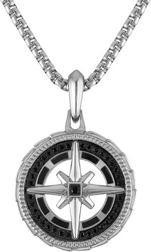 Bulova Jewelry Men's Marine Star Stainless Steel with Black Diamonds Compass Pendant, Stainless Steel Rounded Box Link Chain,Length 24"-26", Style: BVP1061-SBSTAA