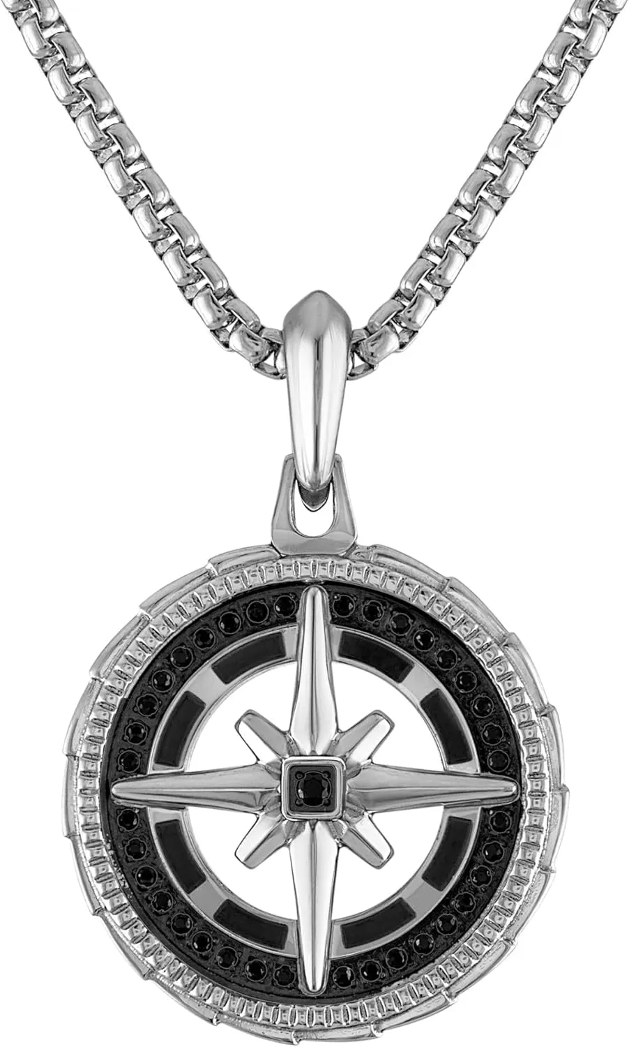 Bulova Jewelry Men's Marine Star Stainless Steel with Black Diamonds Compass Pendant, Stainless Steel Rounded Box Link Chain,Length 24"-26", Style: BVP1061-SBSTAA