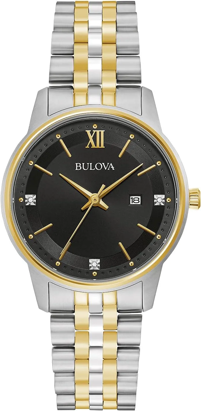 Bulova Ladies' Classic Diamond Two-Tone Gold Stainless Steel 3-Hand Calendar Date Quartz Watch