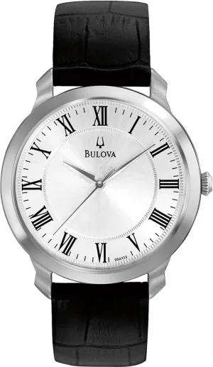 Bulova Men's Classic 3-Hand Quartz Black Leather Strap Watch, Roman Numeral Markers, 41mm