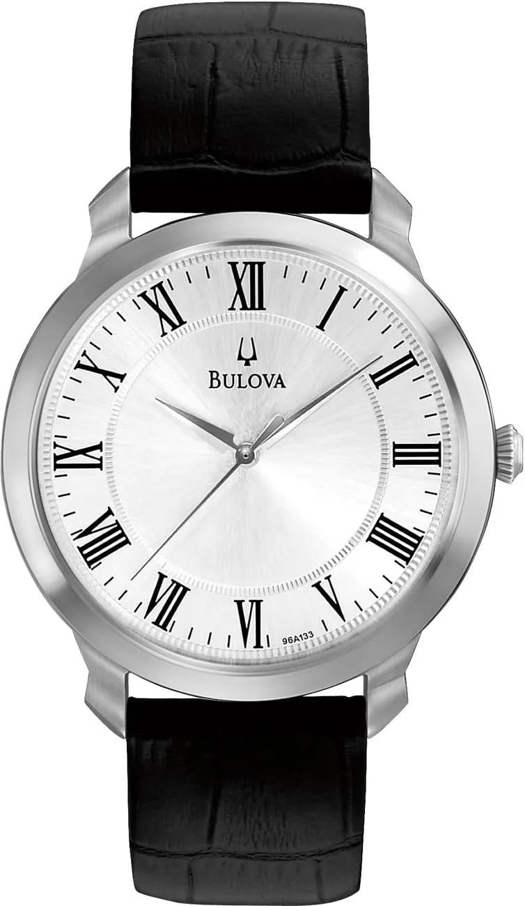 Bulova Men's Classic 3-Hand Quartz Black Leather Strap Watch, Roman Numeral Markers, 41mm