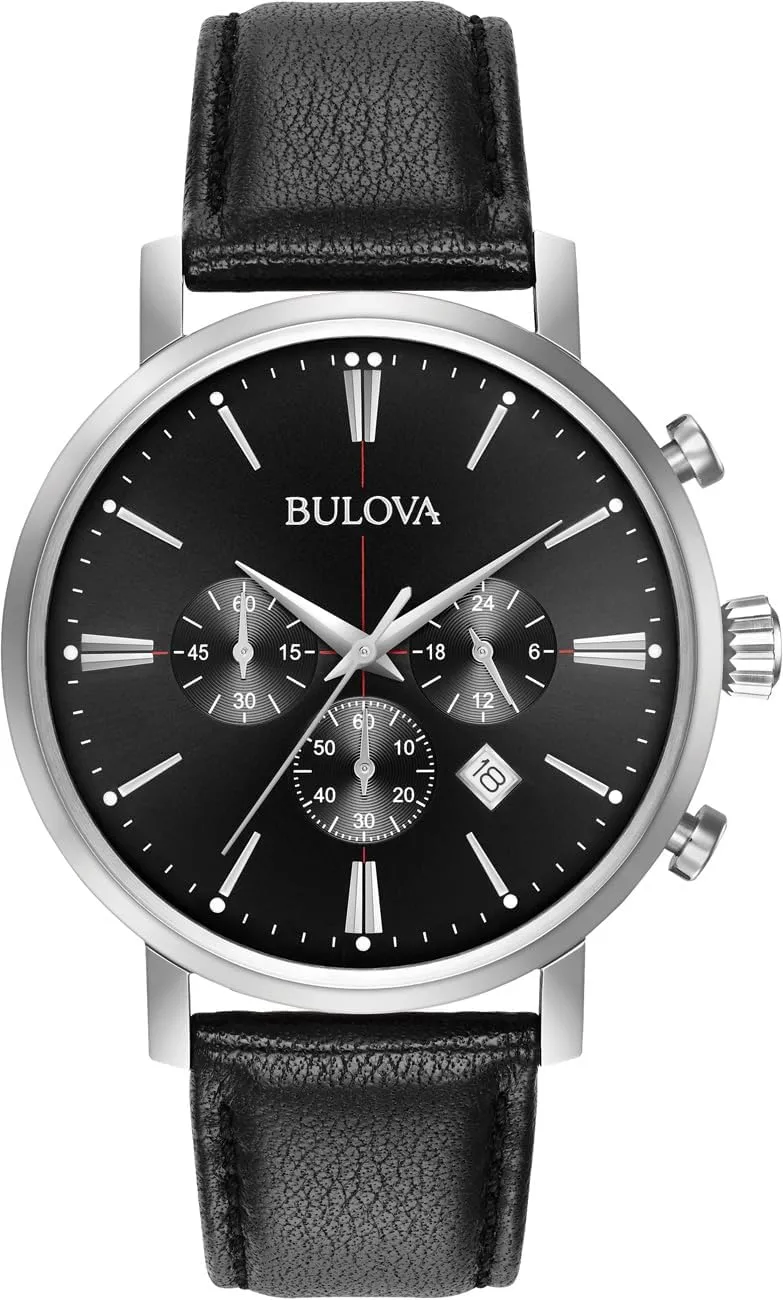 Bulova Men's Classic Aerojet Stainless Steel 6-Hand Chronograph Watch with Black Leather Strap, 41mm Style: 96B262