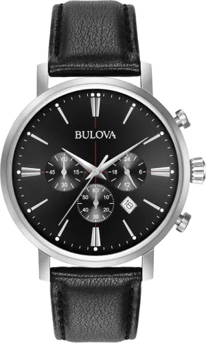 Bulova Men's Classic Aerojet Stainless Steel 6-Hand Chronograph Watch with Black Leather Strap, 41mm Style: 96B262