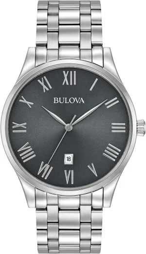 Bulova Men's Classic Stainless Steel 3-Hand Date Calendar Quartz Watch, Grey Dial with Roman Numeral Markers Style: 96B261