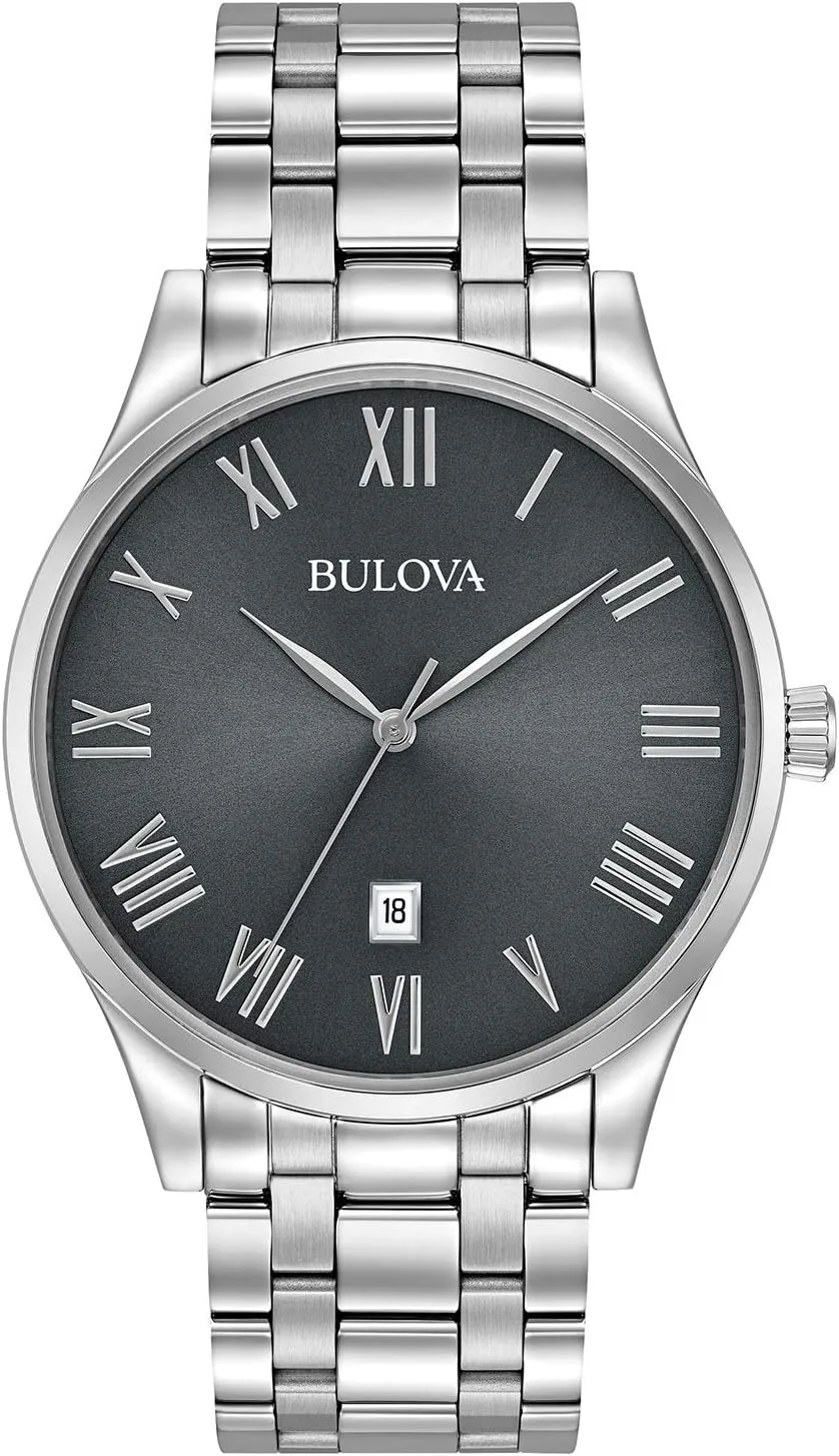 Bulova Men's Classic Stainless Steel 3-Hand Date Calendar Quartz Watch, Grey Dial with Roman Numeral Markers Style: 96B261