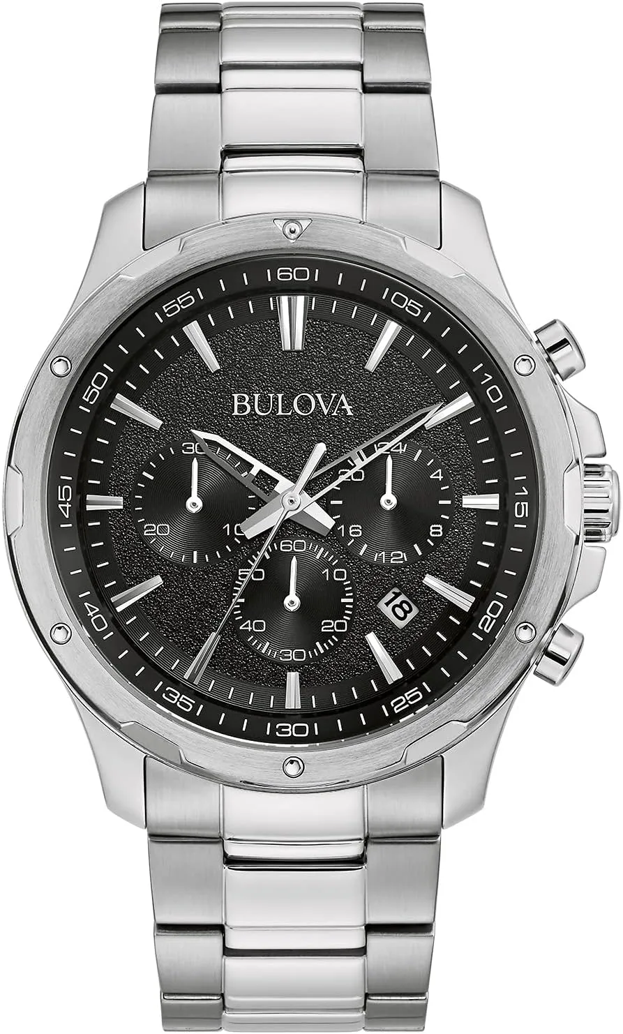 Bulova Men's Classic Stainless Steel Six-Hand Chronograph Quartz Watch, Black Dial, 43mm Style: 96B336