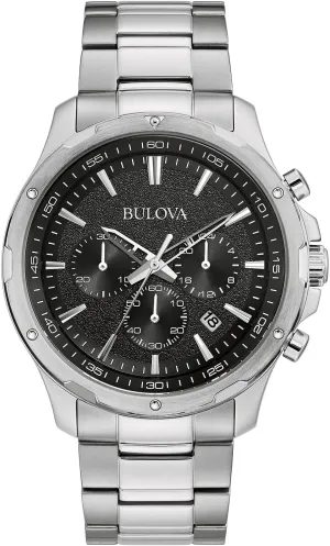 Bulova Men's Classic Stainless Steel Six-Hand Chronograph Quartz Watch, Black Dial, 43mm Style: 96B336