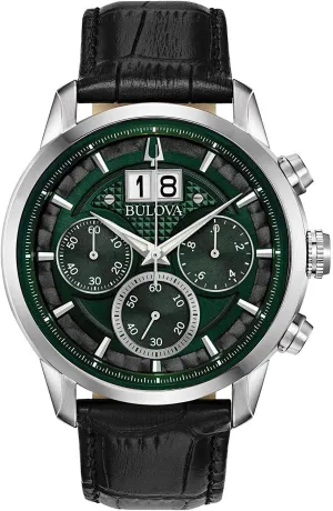 Bulova Men's Classic Sutton 6-Hand Chronograph Calendar Big Date Leather Strap Quartz Watch, Domed Mineral Crystal, 44mm