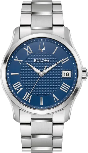 Bulova Men's Classic Wilton 3 Hand Silver Stainless Steel Watch, Blue Dial, 3 Hand Style: 96B386