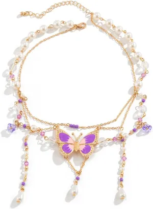 Butterfly Necklace Butterfly Tassel Layered Necklace for Women Colorful Bead Pearl Butterfly Choker Necklace Dainty Fairy Pendant Jewelry