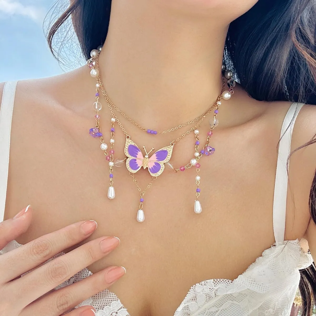 Butterfly Necklace Butterfly Tassel Layered Necklace for Women Colorful Bead Pearl Butterfly Choker Necklace Dainty Fairy Pendant Jewelry
