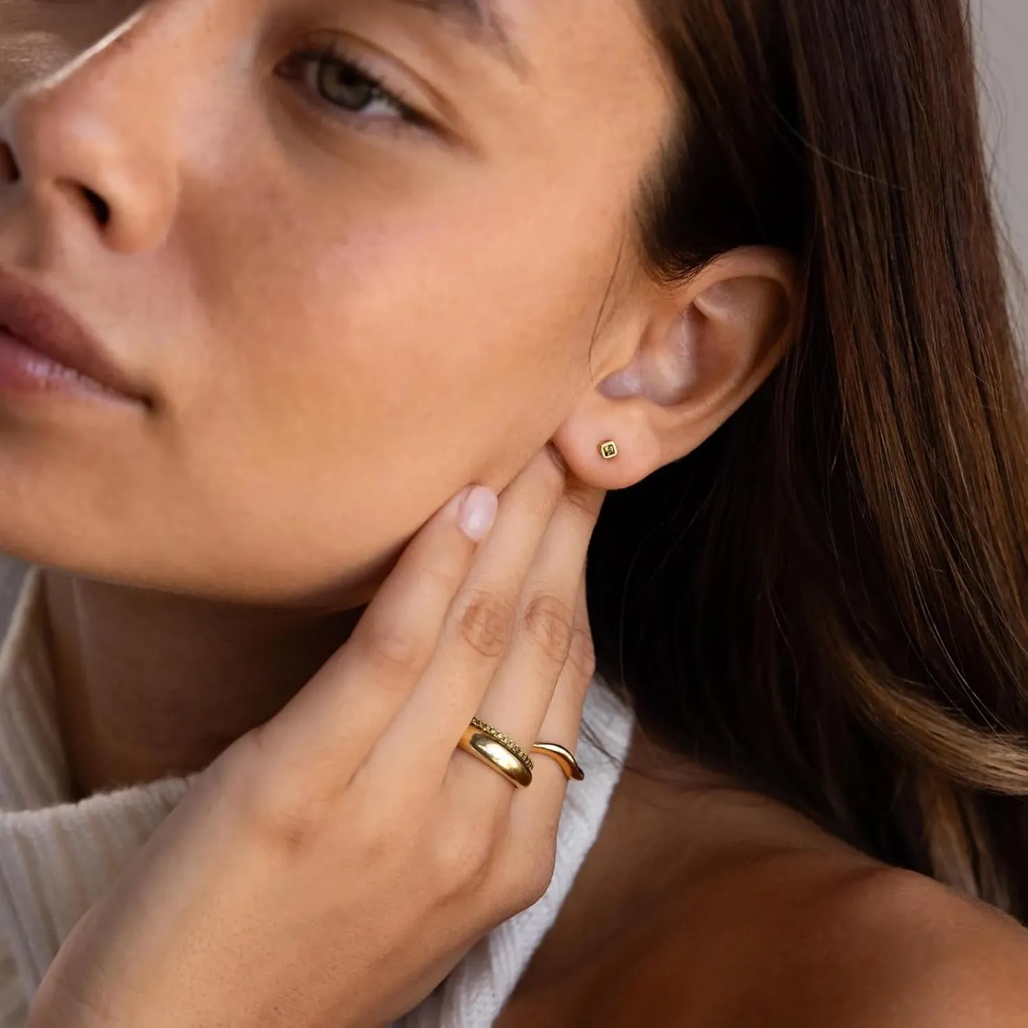 CAITLYNMINIMALIST 18K Gold Plated Sterling Silver CZ Birthstone Square Bezel Gemstone Dainty Flatback Stud Earrings for Women