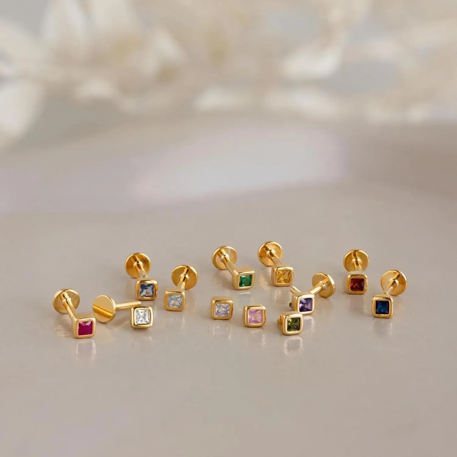 CAITLYNMINIMALIST 18K Gold Plated Sterling Silver CZ Birthstone Square Bezel Gemstone Dainty Flatback Stud Earrings for Women
