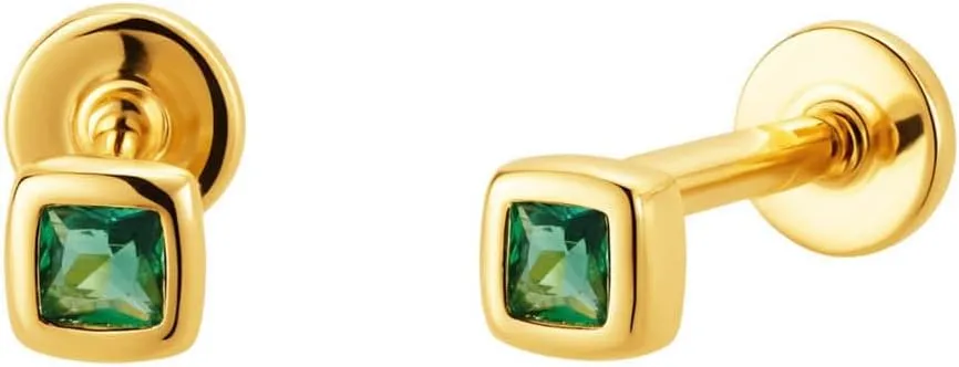 CAITLYNMINIMALIST 18K Gold Plated Sterling Silver CZ Birthstone Square Bezel Gemstone Dainty Flatback Stud Earrings for Women