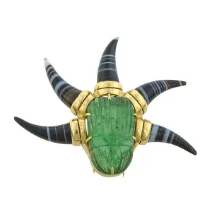 Carved Emerald & Banded Agate Pin