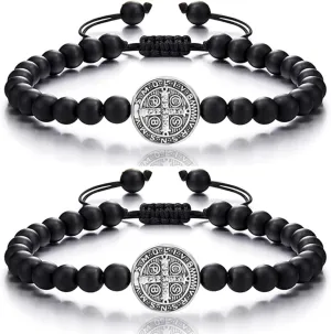 Catholic Bracelet Saint Benedict, 2 PCS Medal Bracelet Adjustable String Bracelets Religious Gifts for Men Women Gifts