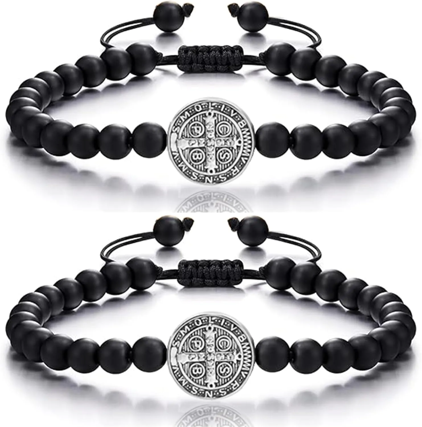 Catholic Bracelet Saint Benedict, 2 PCS Medal Bracelet Adjustable String Bracelets Religious Gifts for Men Women Gifts