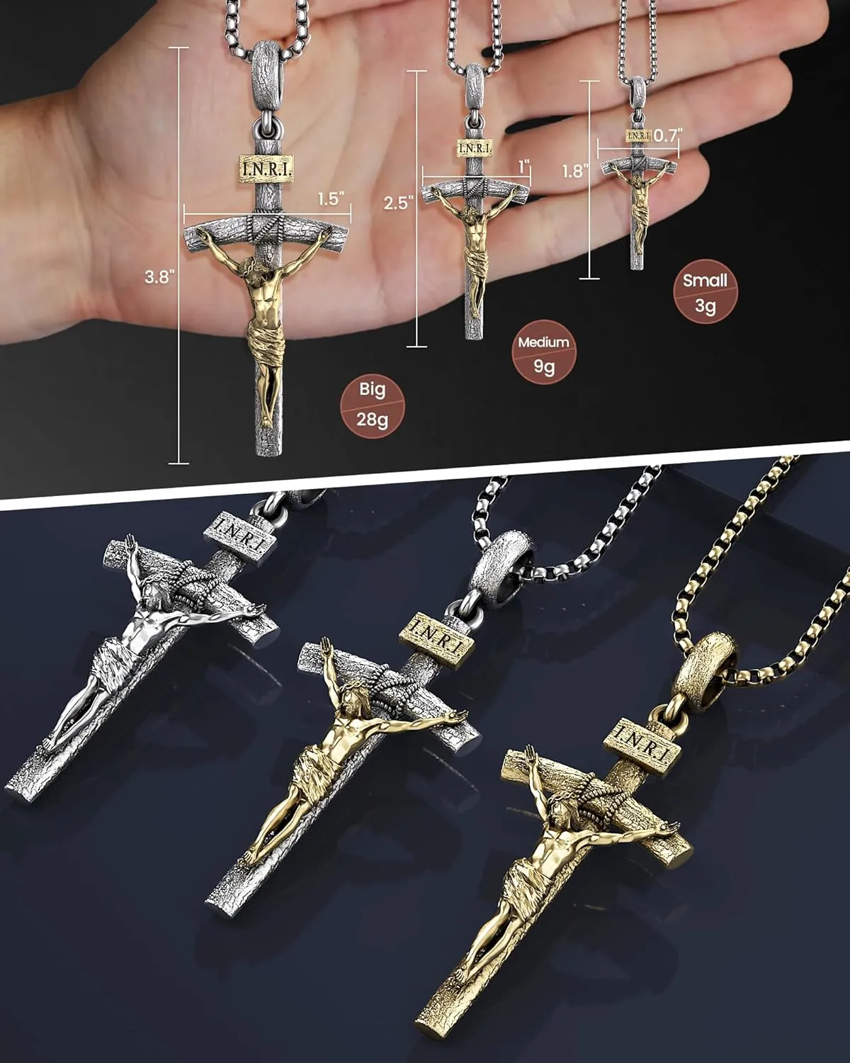 Catholic Crucifix Necklace for Men and Women, Antique Silver/Gold/Silver Gold Cross Necklace with Exquisite Jesus Pendant, 18~30" Stainless Steel Chain, Christian Jewelry Gift