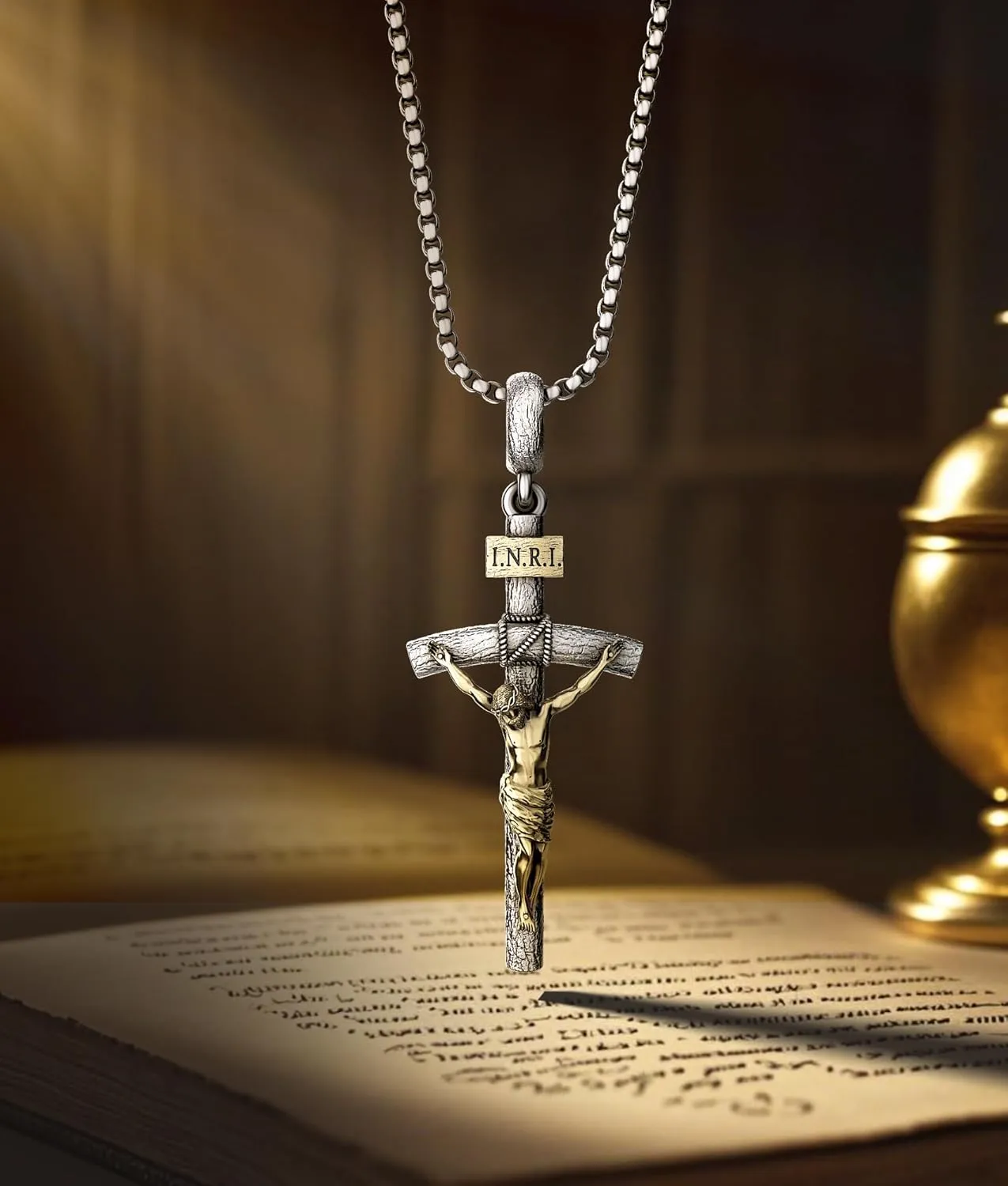 Catholic Crucifix Necklace for Men and Women, Antique Silver/Gold/Silver Gold Cross Necklace with Exquisite Jesus Pendant, 18~30" Stainless Steel Chain, Christian Jewelry Gift