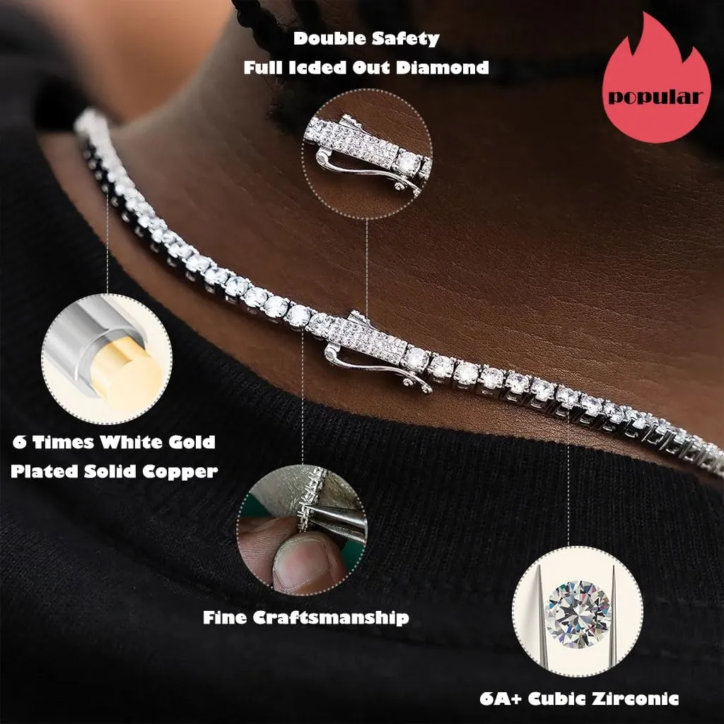CG&KYGG 3MM Tennis Chains for Men Women, 18K Real White Gold Plated Iced Out Necklace, Gift for Birthday & Holiday(New Double Safety Cubic Zirconia Clasp, Delicate Packing)
