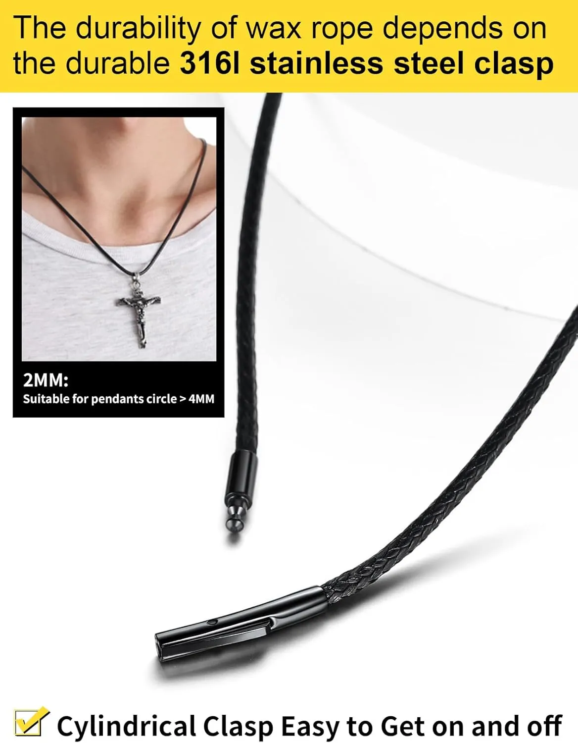 ChainsHouse Waterproof Braided Leather Cord Chain Necklace, Men Women DIY Woven Wax Rope Chain for Pendant, Customize Available, 2/3mm Width, 16" 18" 20" 22" 24" 26" 28" 30" Length(with Gift Box)