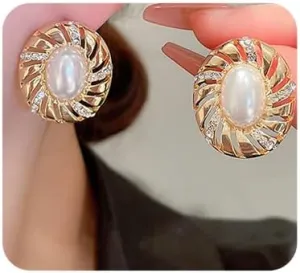 Chargances Boho Faux Pearl Stud Earrings Gold Crystal Statement Pierced Earrings Fashion Rhinestone Accessories for Women (1)