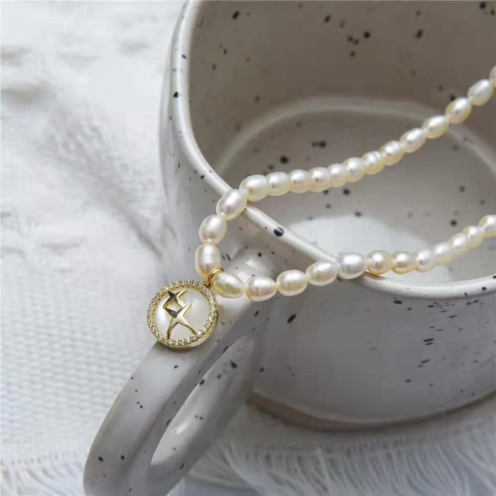 Choker Pearl Necklace for Women, 14K Gold Plated Handmade Simulated Shell Pearl Necklace Choker Dainty Toggle Clasp Initial Coin Pendant Pearl Necklace for Women Jewelry Gifts