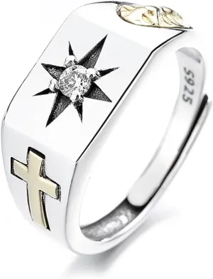 Christian Cross Prayer Ring,Crucifix Wide Face Rings,Adjustable Cross Ring,925 Sterling Silver Jewelry Gift for Her Inspiration Christian Ring Faith Hope Love