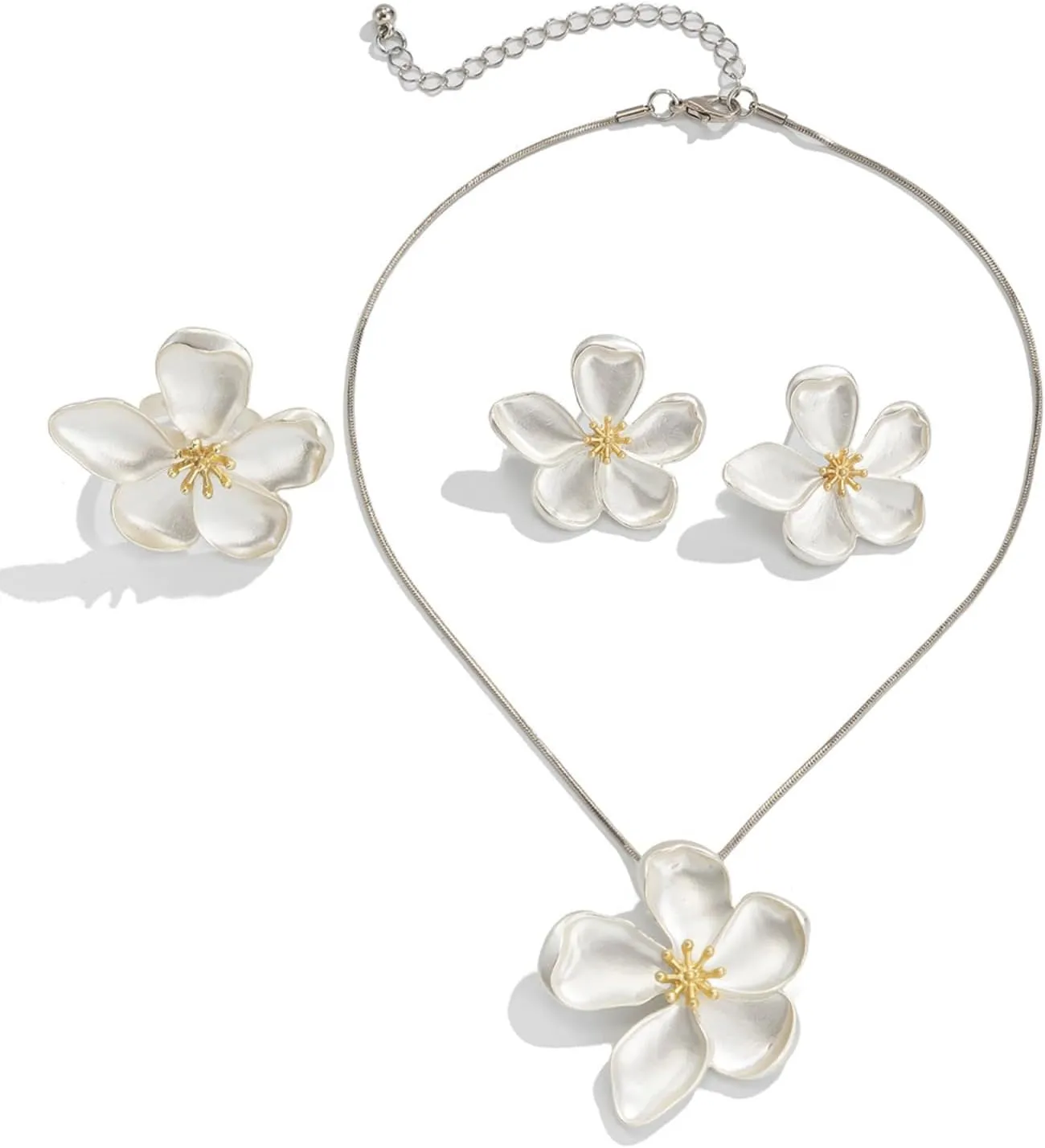 Chunky Flower Jewelry Set for Women Gold Large Flower Pendant Necklace Silver Big Floral Stud Earrings Chunky Flower Statement Ring Fashion Flower Jewelry Set
