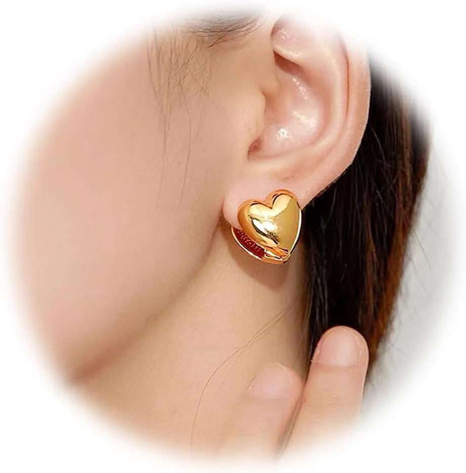 Chunky Gold Heart Studs Earrings for Women,18k Gold Plated Heart Shaped Lover Earring Hypoallergenic Trendy Jewelry for Women