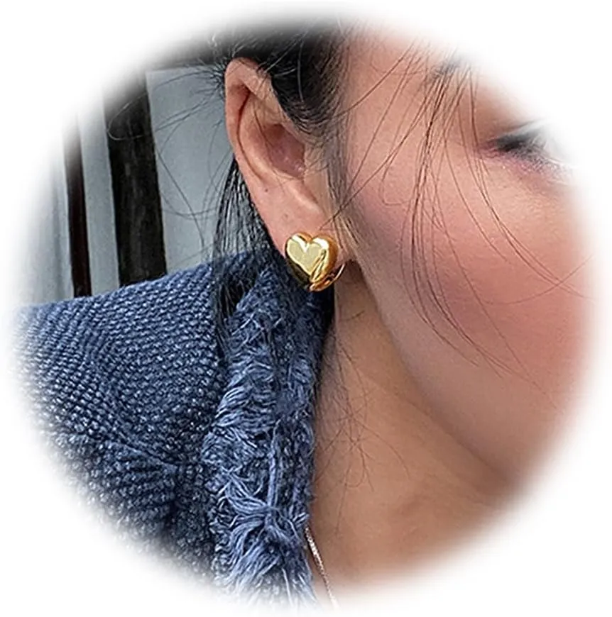 Chunky Gold Heart Studs Earrings for Women,18k Gold Plated Heart Shaped Lover Earring Hypoallergenic Trendy Jewelry for Women