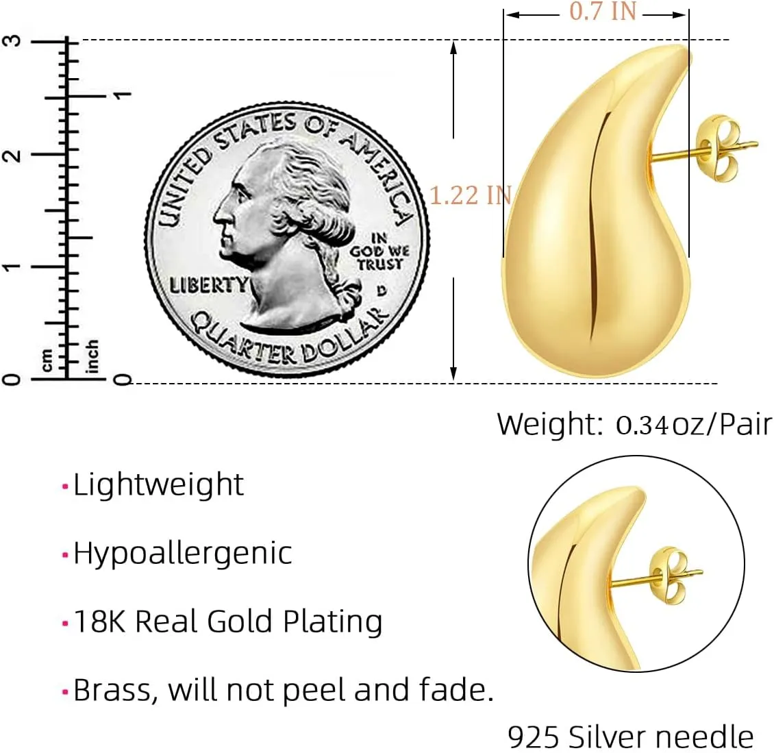 Chunky Gold Hoop Earrings for Women, Earring Dupes for Big Lightweight Teardrop Waterdrop with 18 K Gold Plated Statement Trendy Jewelry Gifts, Hypoallergenic Tear Drop Earrings