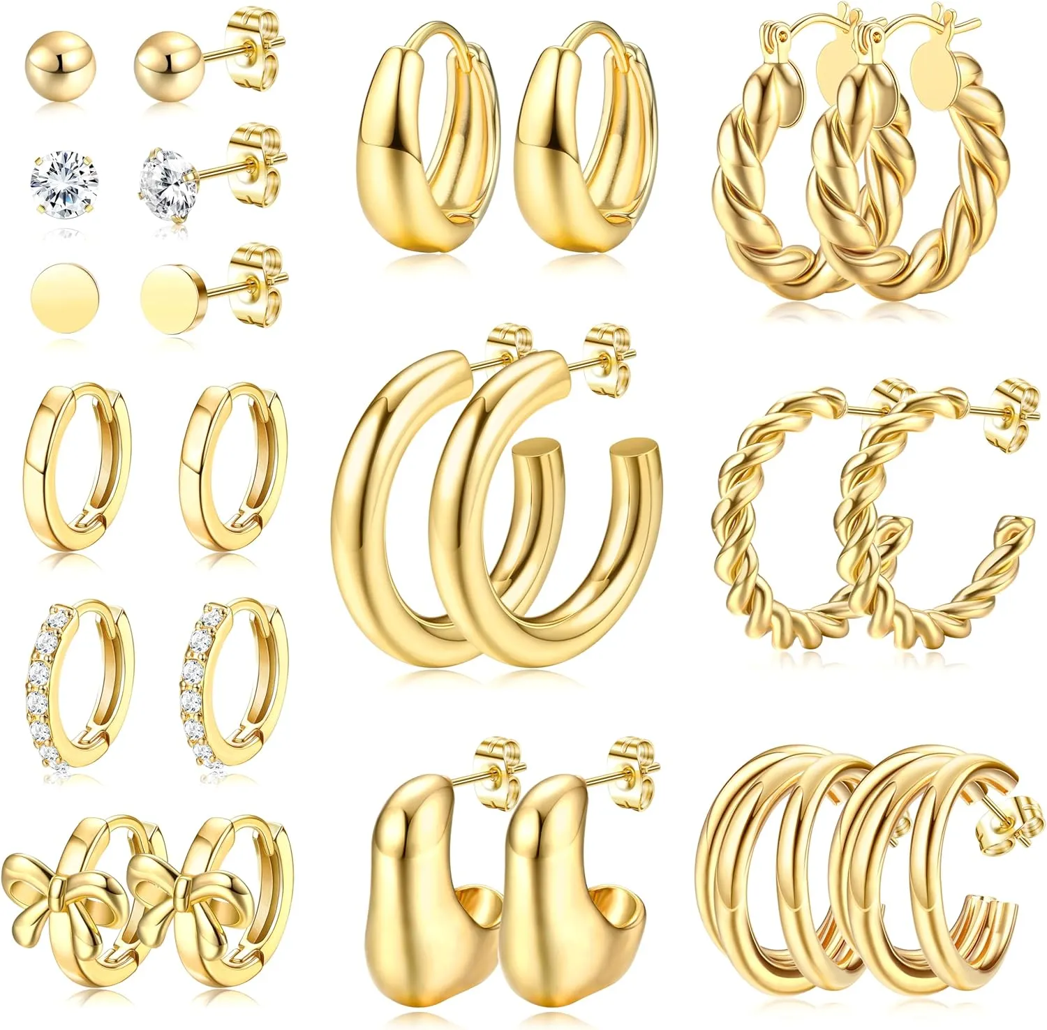 Chunky Gold Hoop Earrings for Women - Hypoallergenic 14K Gold Plated Stud Huggie Earing Stacks Set Thick Stainless Surgical Steel Pack Jewelry for Sensitive Ears Trendy 12 Pairs