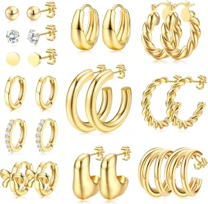 Chunky Gold Hoop Earrings for Women - Hypoallergenic 14K Gold Plated Stud Huggie Earing Stacks Set Thick Stainless Surgical Steel Pack Jewelry for Sensitive Ears Trendy 12 Pairs