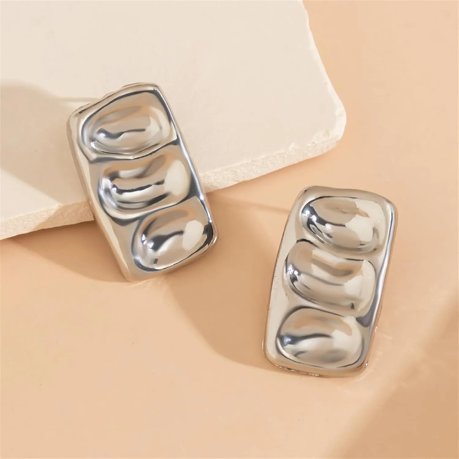 Chunky Gold Rectangle Stud Earrings Statement Hammered Irregular Wrinkle Square Geometric Fold Silver Plated Dangle Drop Earrings for Women Minimalist Prom Party Summer Holiday Trendy Jewelry Gifts