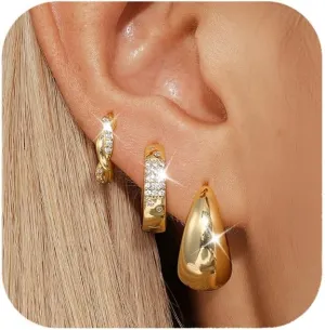 Chunky Hoop Earrings for Women, 14k Gold Thick Hoop Earrings, Dainty Cubic Zirconia Hoop Earrings, Hypoallergenic Gold Teardrop Hoop Earrings Set, Hoop Earrings for Sensitive Ears