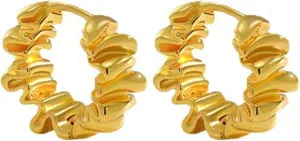 Chunky Hoop Earrings for Women Trendy 14k Gold Plated Irregular Hoop Earrings Twisted Hoop Earrings Lightweight Geometric Statement Earrings Fashion Gold Jewelry Gift