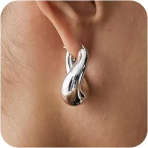 Chunky Silver Earrings for Women: Statement Silver Huggie Hoop Earrings Hypoallergenic Lightweight Dangle Earrings for Women Thick Sterling Silver Post Hoop Earrings Everyday Jewelry for Women