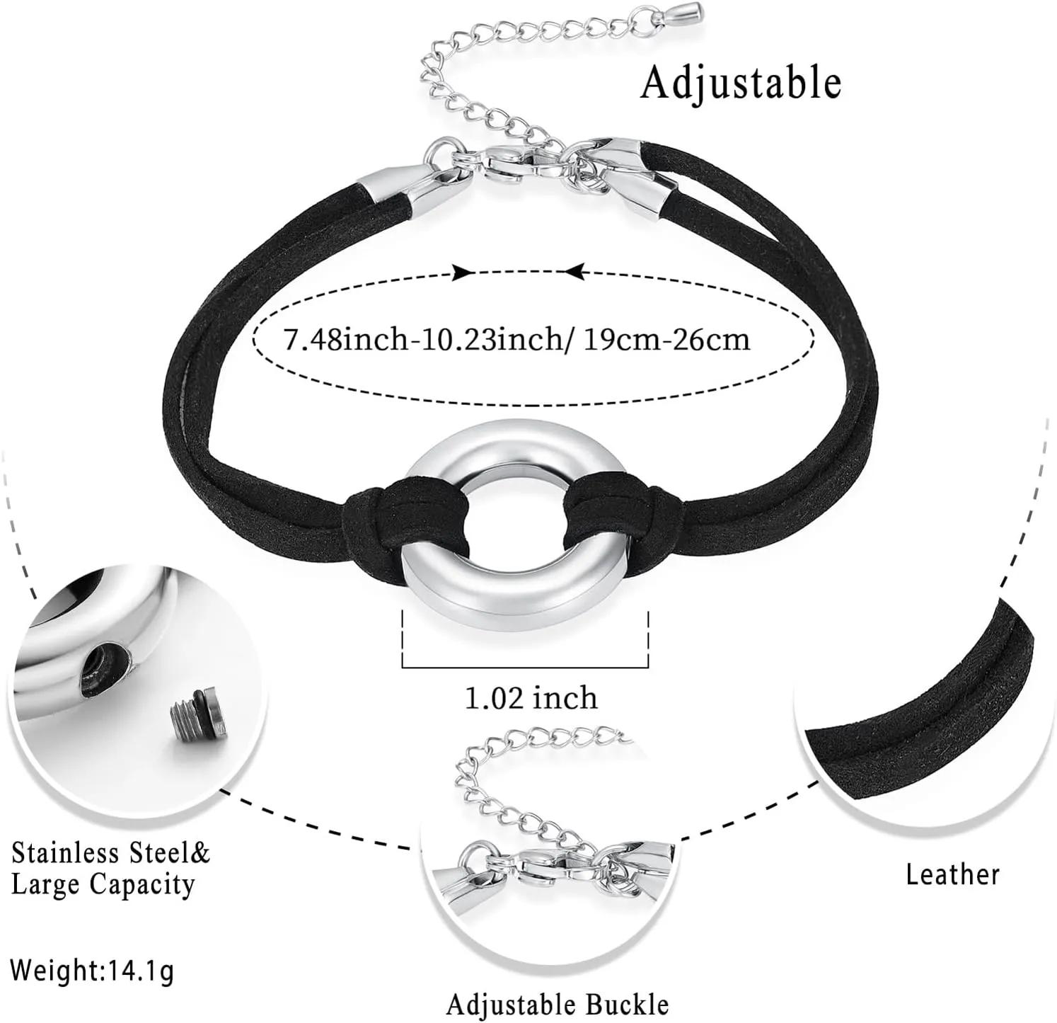 Circle Of Life Cremation Jewelry Black Genuine Leather Memorial Urn Bracelet For Ashes Of Loved One Keepsake Holder For Women Men