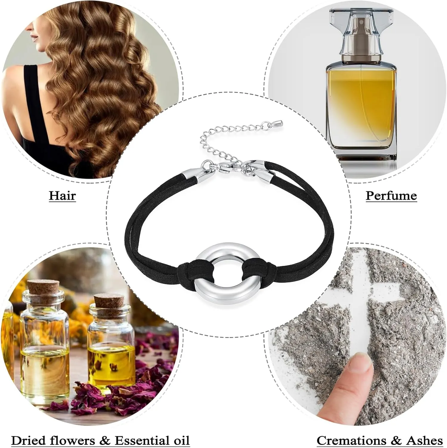Circle Of Life Cremation Jewelry Black Genuine Leather Memorial Urn Bracelet For Ashes Of Loved One Keepsake Holder For Women Men