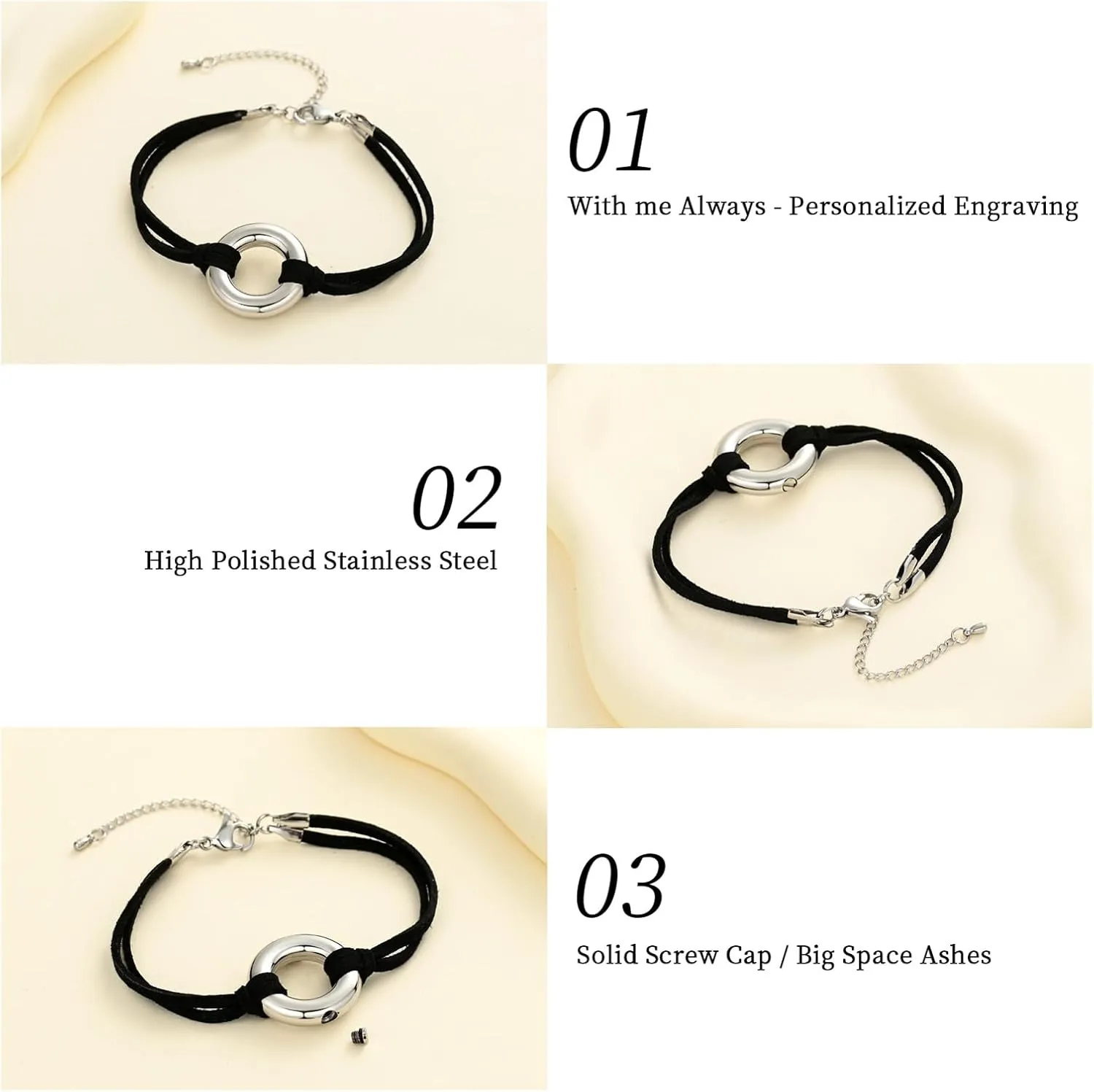 Circle Of Life Cremation Jewelry Black Genuine Leather Memorial Urn Bracelet For Ashes Of Loved One Keepsake Holder For Women Men