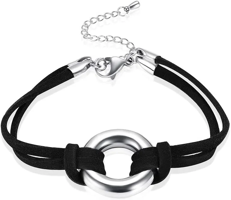 Circle Of Life Cremation Jewelry Black Genuine Leather Memorial Urn Bracelet For Ashes Of Loved One Keepsake Holder For Women Men
