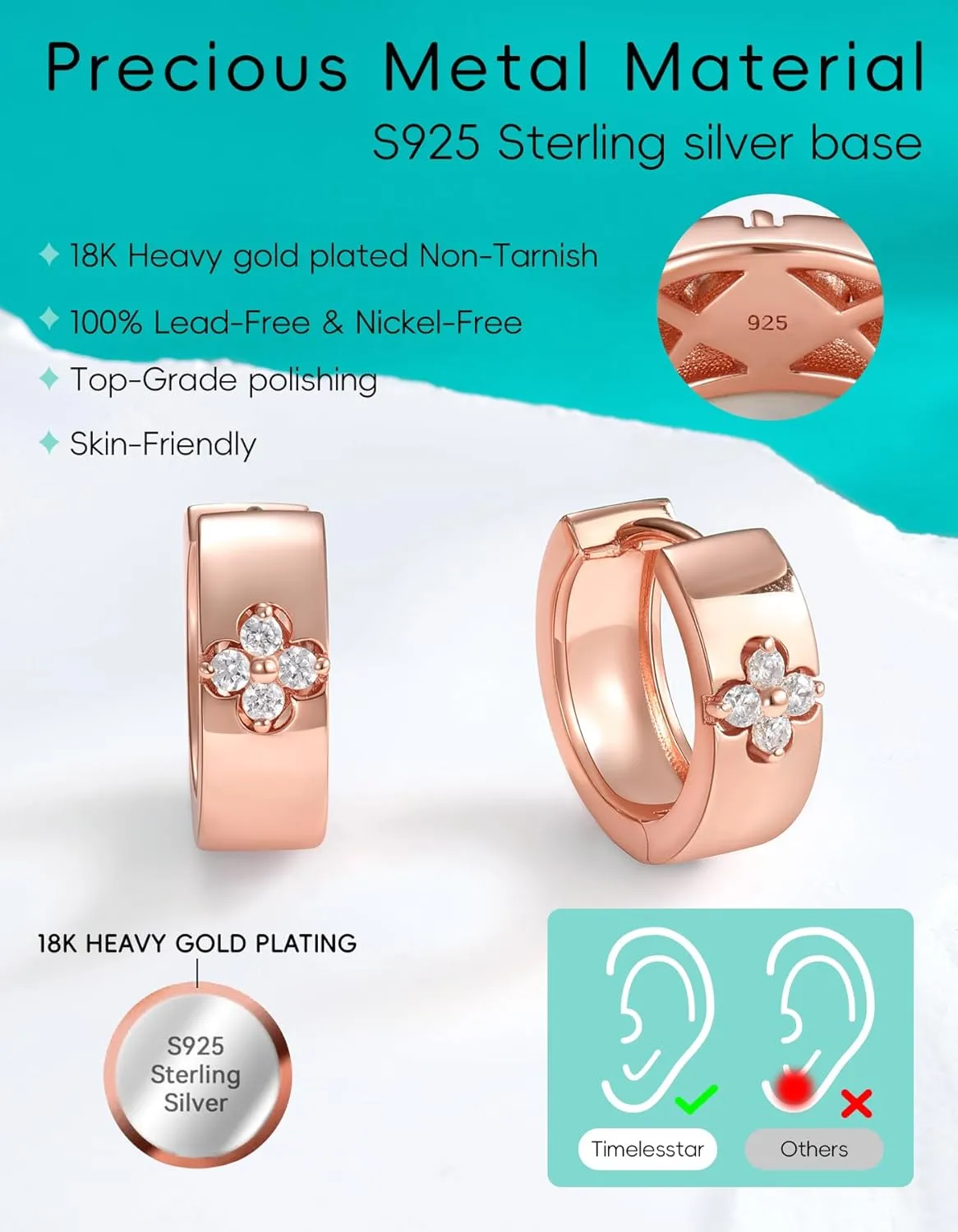 Clover Hoop Earrings for Women Gifts Nickel Free with Premium Moissanite (D Color VVS1 Clarity 3EX Cut) S925 Sterling Silver 18K Gold Plated Stack Non Tarnish