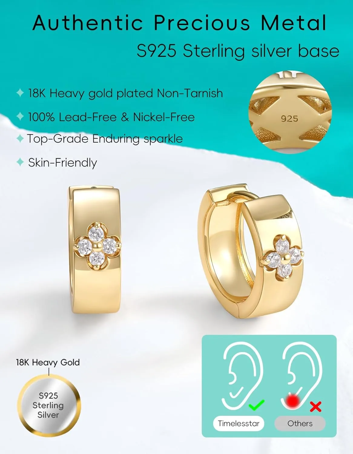 Clover Hoop Earrings for Women Gifts Nickel Free with Premium Moissanite (D Color VVS1 Clarity 3EX Cut) S925 Sterling Silver 18K Gold Plated Stack Non Tarnish