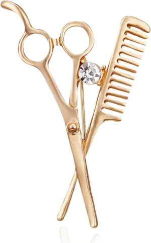 coadipress Crystal Comb Scissors Brooch Pin for Women Men Unique Gold Silver Barber Tools Salon Hairdresser Corsage Collar Pin Gifts Jewelry