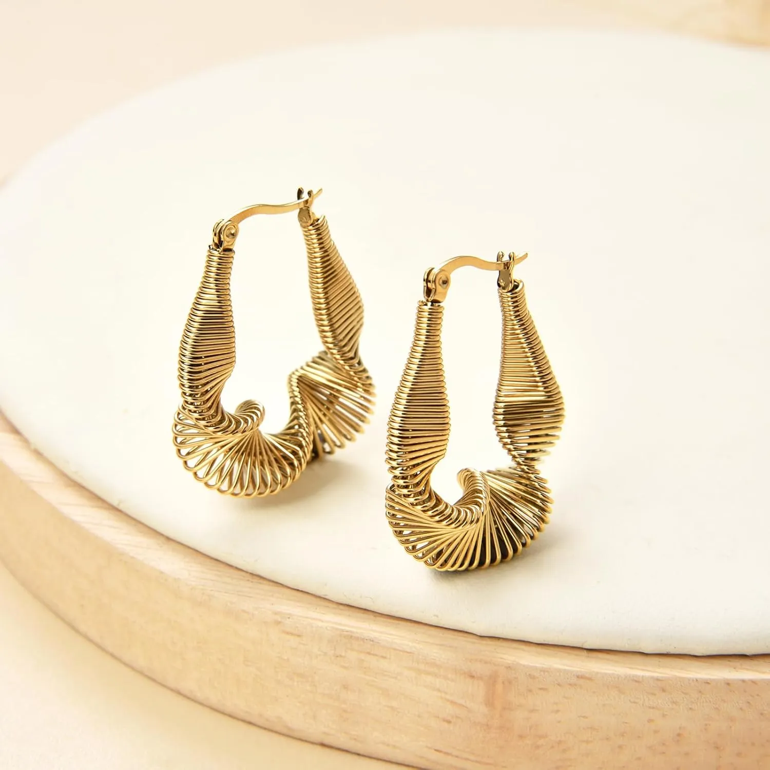 Coil Spring Hoop Earrings For Women, 18K Gold Plated Stainless steel Hoop Huggie Earrings Chunky Twisted Bamboo