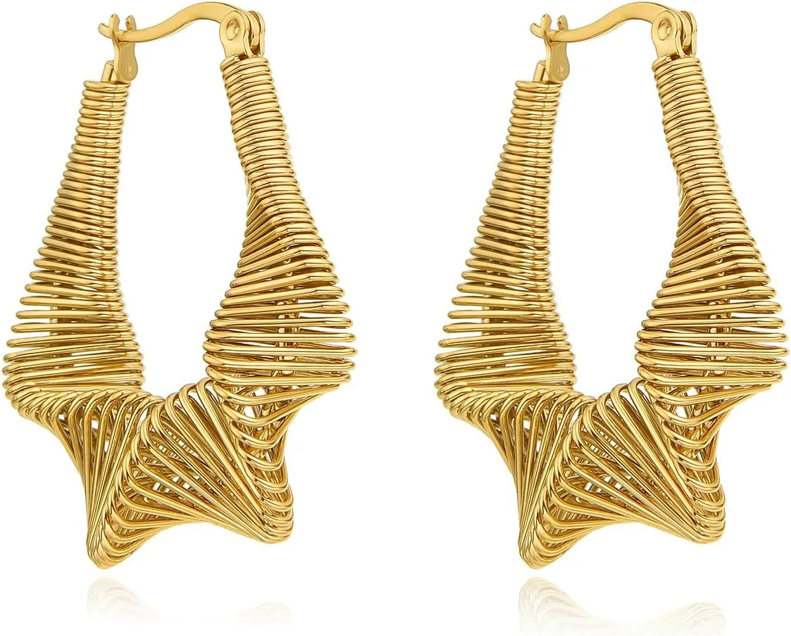 Coil Spring Hoop Earrings For Women, 18K Gold Plated Stainless steel Hoop Huggie Earrings Chunky Twisted Bamboo