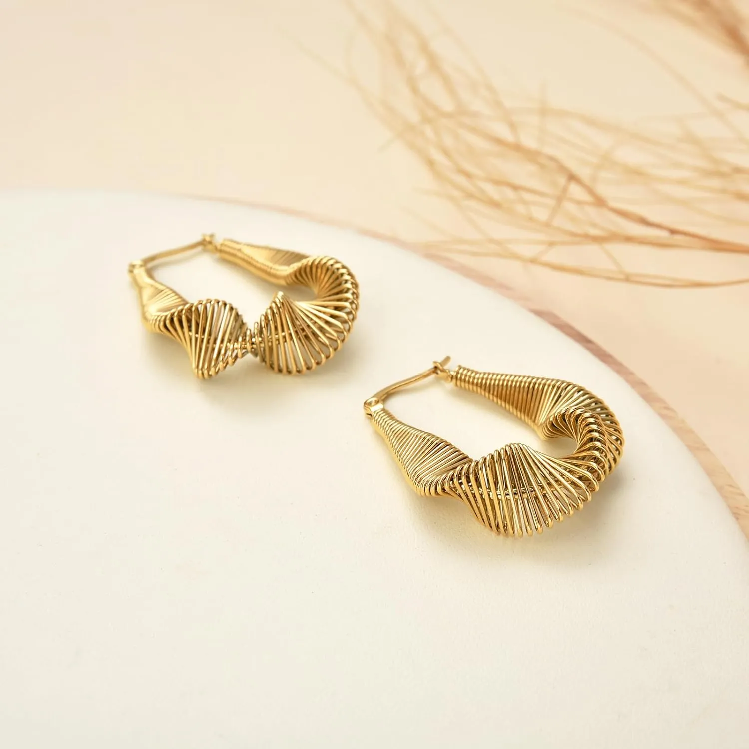 Coil Spring Hoop Earrings For Women, 18K Gold Plated Stainless steel Hoop Huggie Earrings Chunky Twisted Bamboo