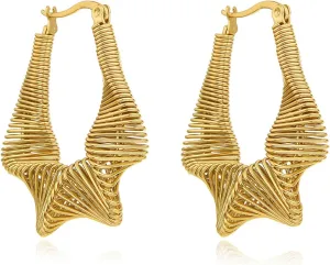 Coil Spring Hoop Earrings For Women, 18K Gold Plated Stainless steel Hoop Huggie Earrings Chunky Twisted Bamboo